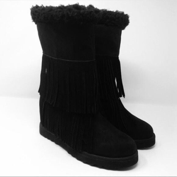 Madden Girl womans Black ankle wedged boots 7.5M BoxÑ Sleet fringe - Picture 6 of 6